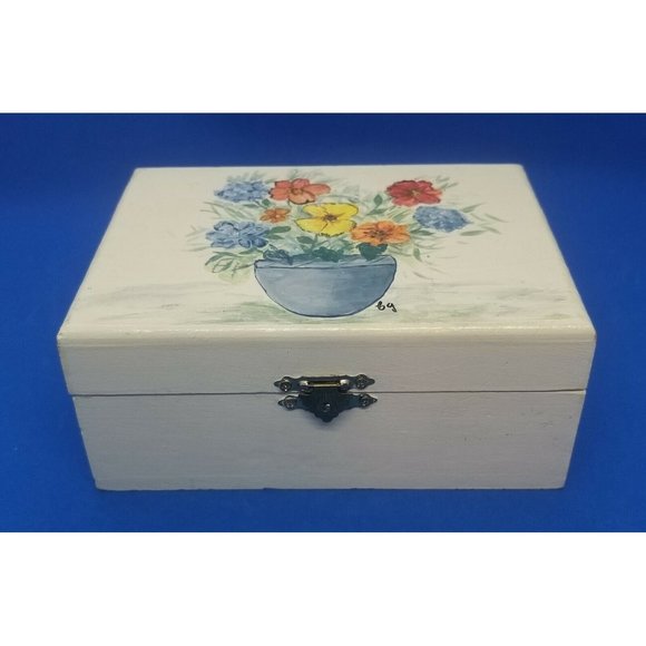 Hand Painted Wood Hinged Lined Trinket Box Flower Pot Artist Signed - Picture 3 of 8